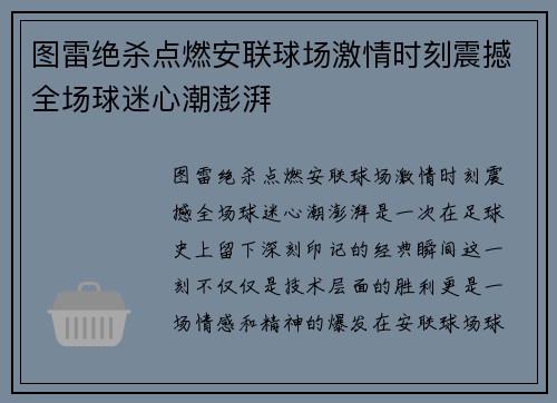 图雷绝杀点燃安联球场激情时刻震撼全场球迷心潮澎湃 图雷绝杀点燃安联球场激情时刻震撼全场球迷心潮澎湃