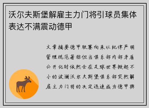 沃尔夫斯堡解雇主力门将引球员集体表达不满震动德甲 沃尔夫斯堡解雇主力门将引球员集体表达不满震动德甲